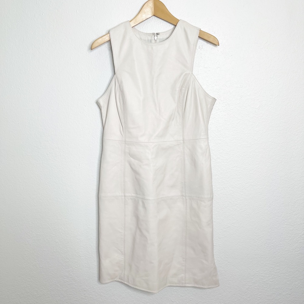 Nordstrom Womens Cream 100% Genuine Leather Sleeveless Shift Dress Size M